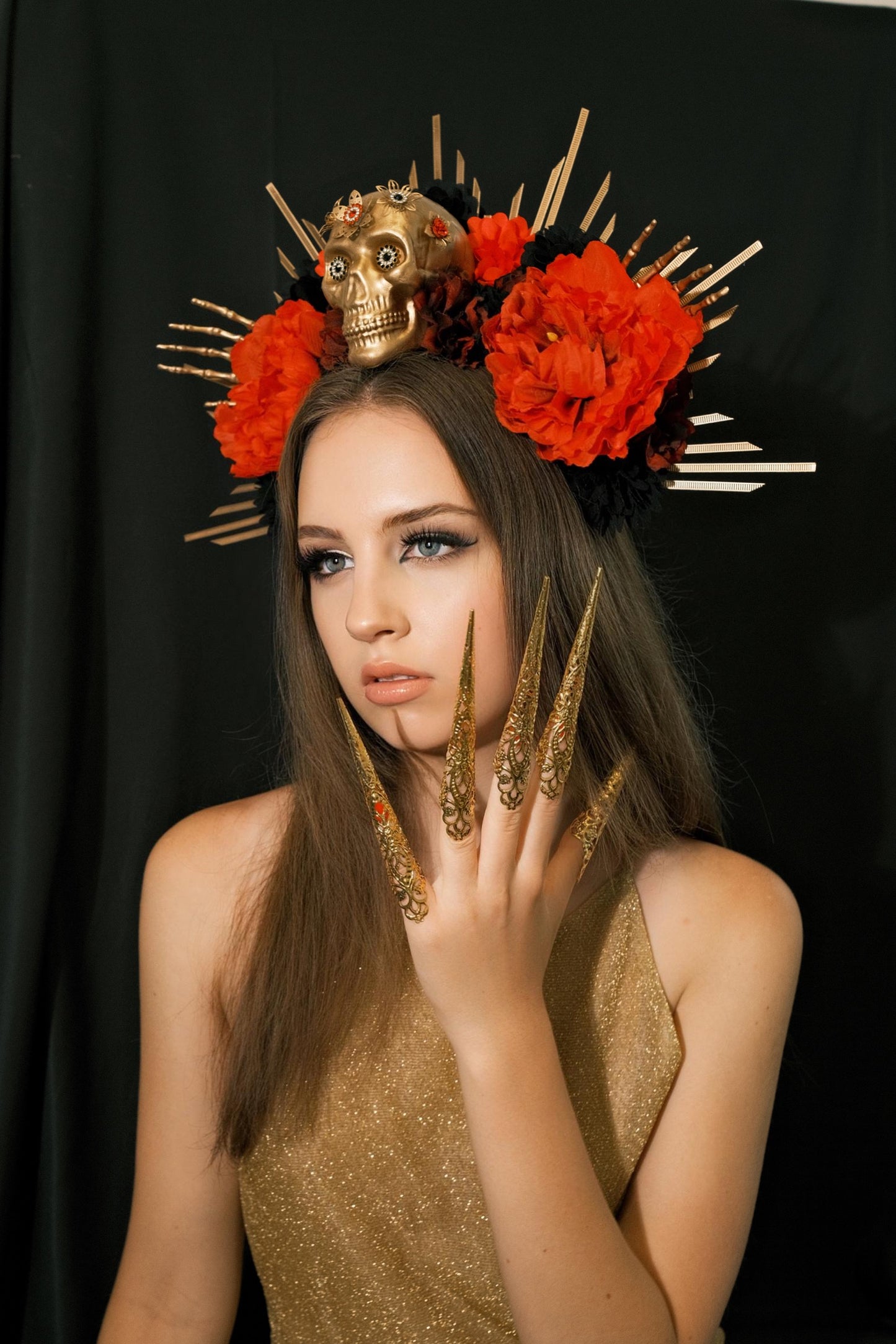 Día de Los Muertos crown with skeleton and flowers for dark queen